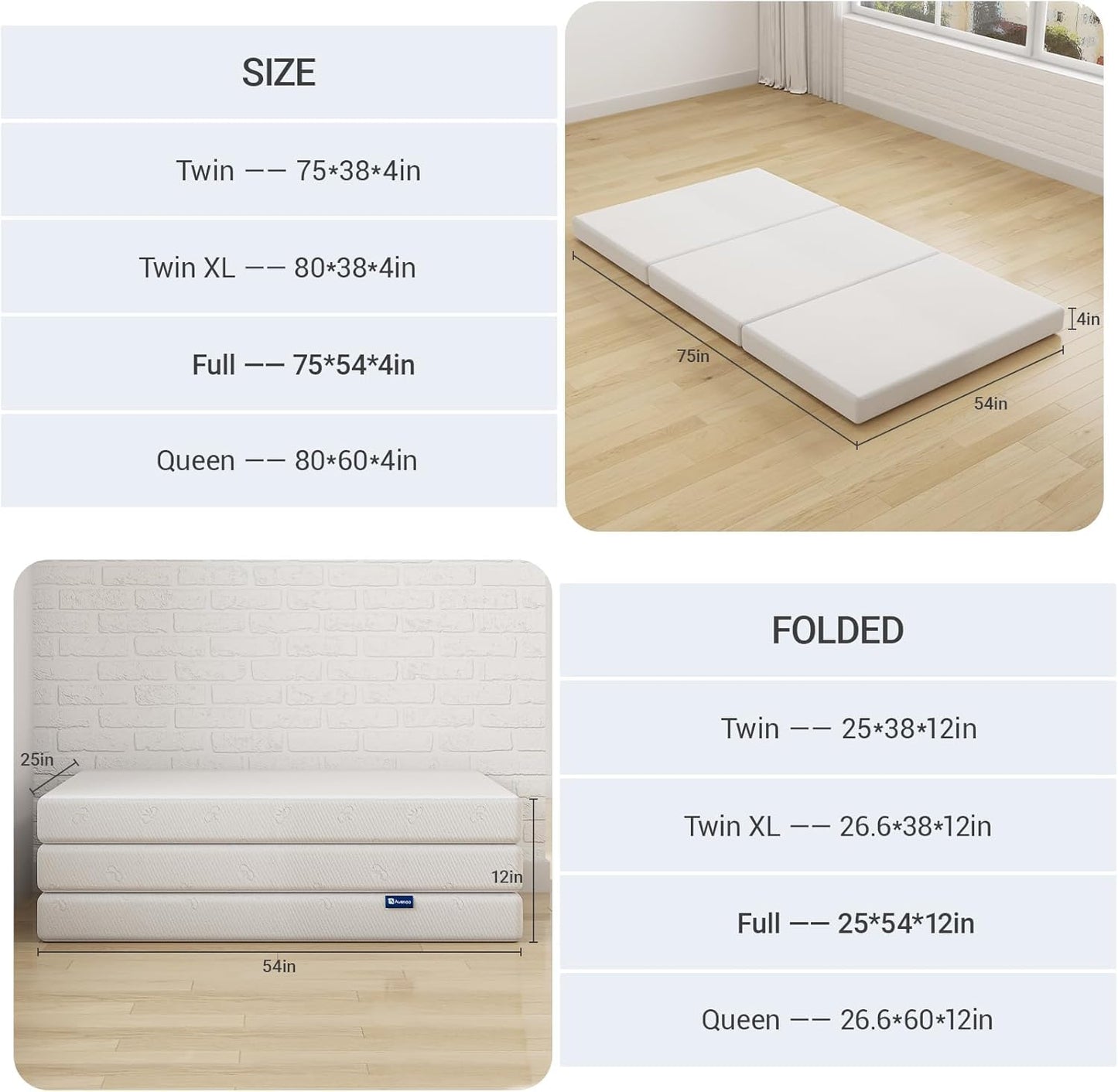 Avenco Folding Mattress, 4 Inch Trifold Mattress, Queen Size Folding Mattress for Indoor, RV/Camper Van, Travel, Camping, Guest Room-Breathable Cover & Non-Slip Bottom